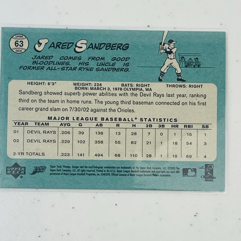 2003 Upper Deck Vintage Jared Sandberg Rays 63 Trading Card MLB